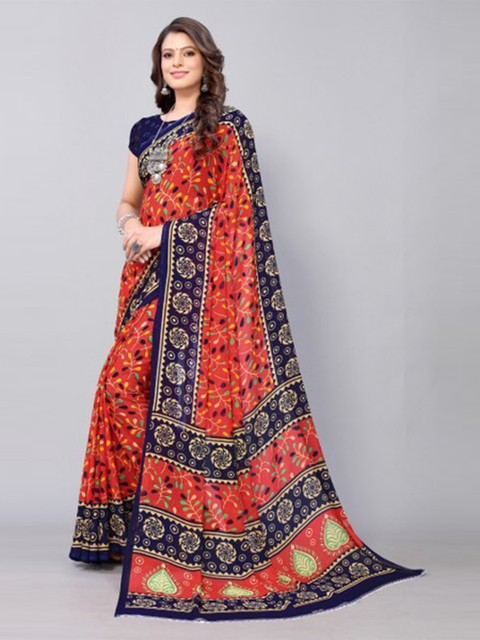 

Yashika Red & Blue Floral Georgette Saree