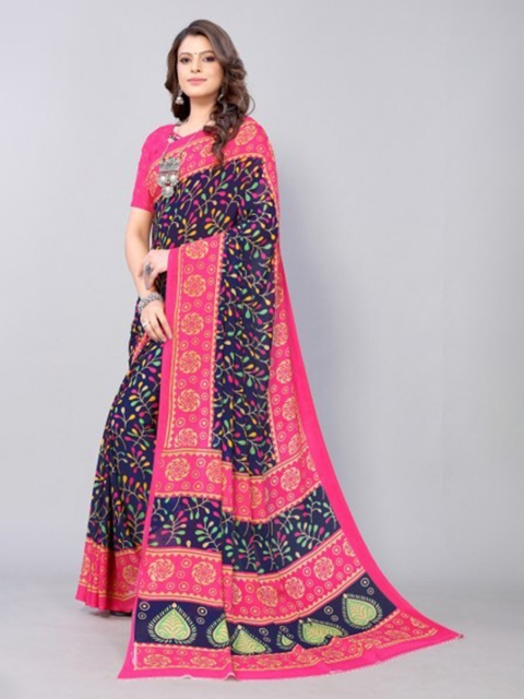 

Yashika Navy Blue & Pink Floral Georgette Saree