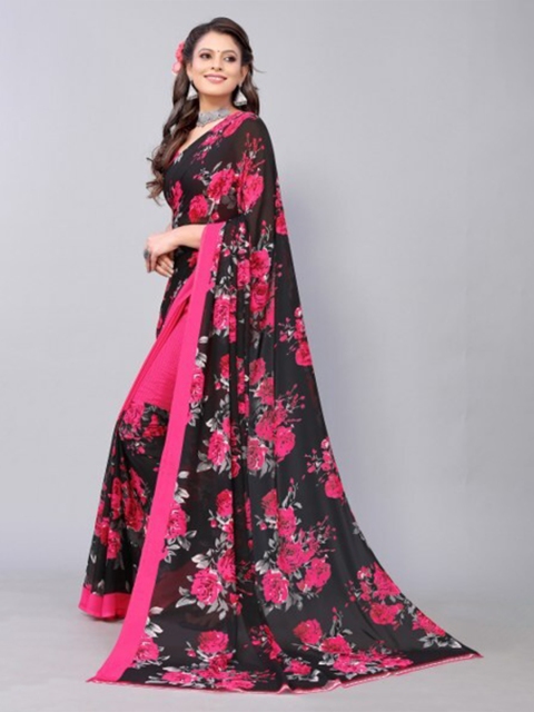 

Yashika Pink & Black Floral Georgette Saree
