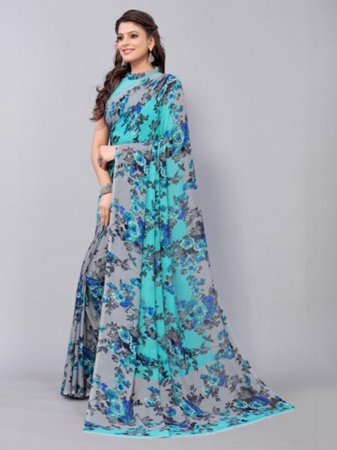 

Yashika Teal & Grey Floral Saree