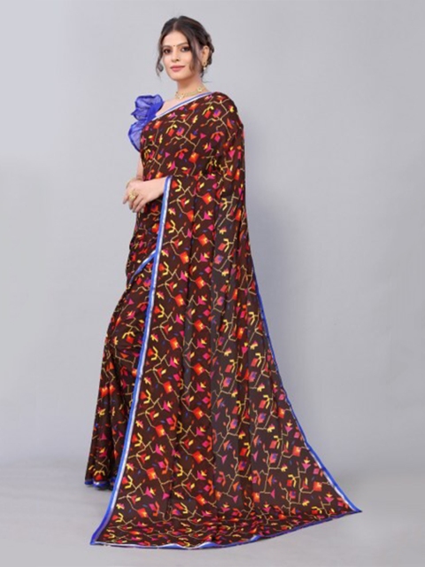 

Yashika Brown & Blue Floral Georgette Saree