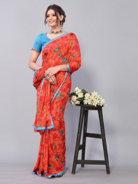 

Yashika Orange & Blue Floral Georgette Saree