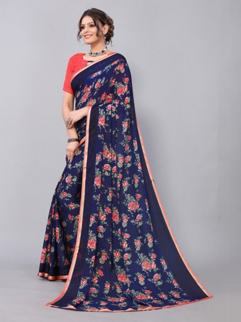

Yashika Navy Blue & Pink Floral Saree