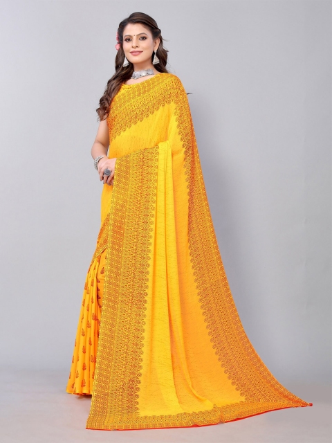 

Yashika Yellow & Red Ethnic Motifs Georgette Saree