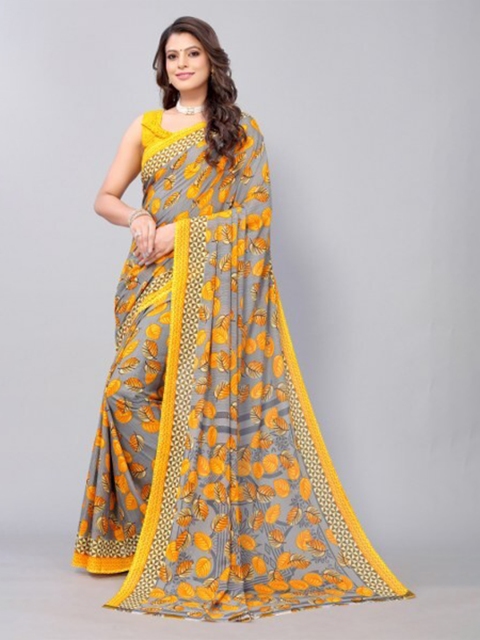 

Yashika Yellow & Grey Floral Georgette Saree