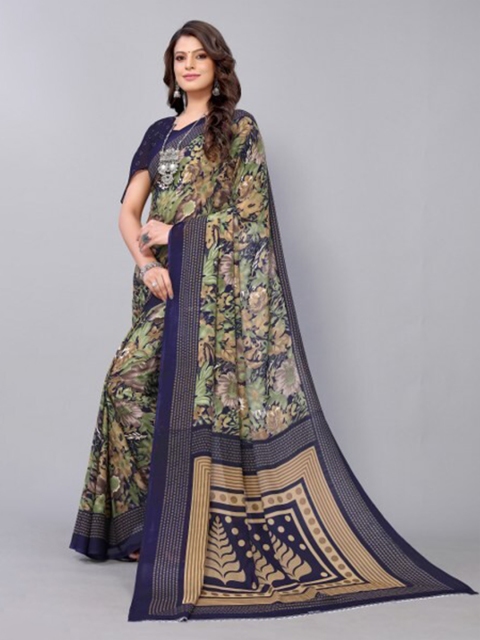 

Yashika Navy Blue & Green Floral Georgette Saree