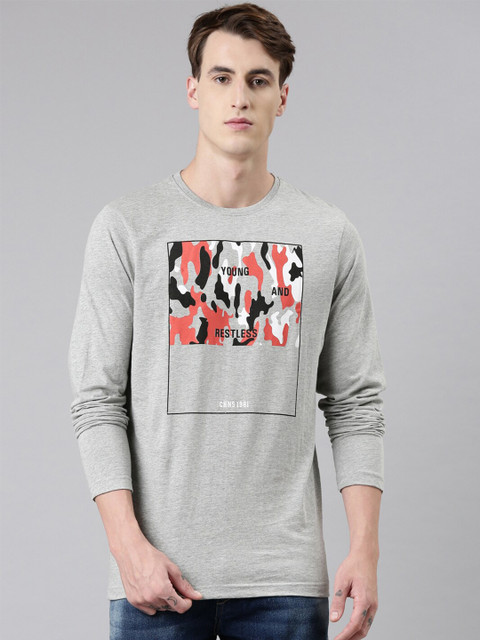 

Chennis Men Grey Melange Typography Printed Cotton T-shirt