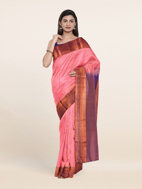 

Pothys Peach-Coloured & Blue Floral Zari Pure Silk Saree