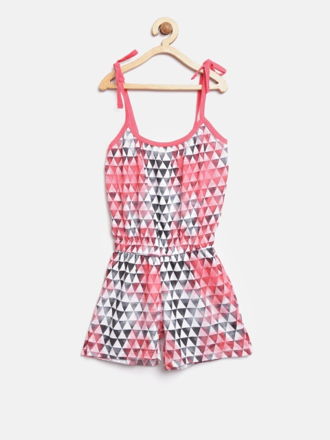 

YK Girls Coral Pink & Black Printed Playsuit