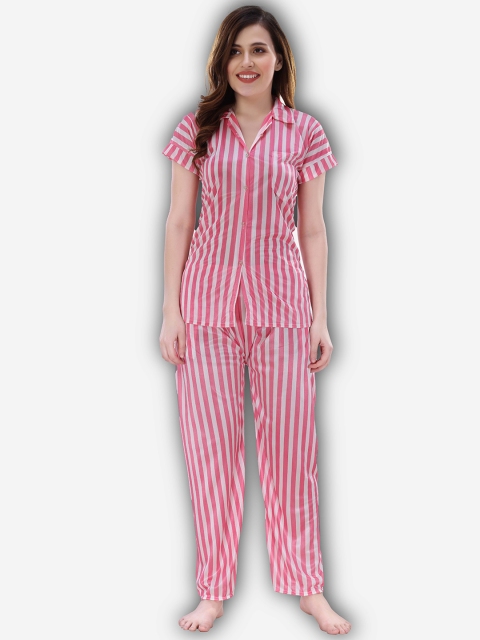 

Romaisa Women Pink & Off White Striped Night suit