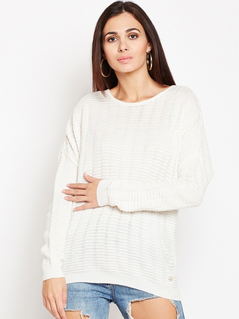 

Be Indi Women White Ribbed Pullover