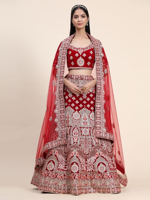 

Phenav Maroon & Silver-Toned Embroidered Thread Work Ready to Wear Lehenga & Blouse With Dupatta