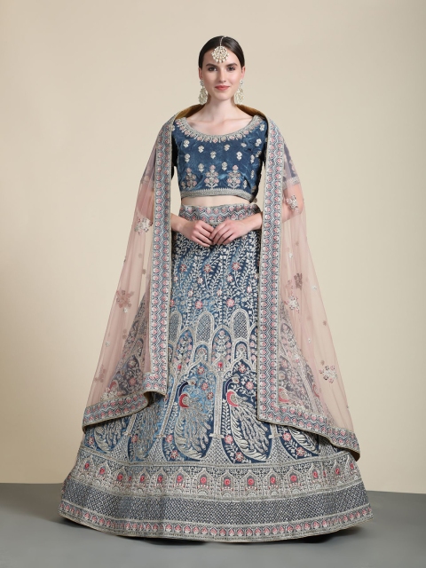 

Phenav Women Teal & Peach Embroidered Ready to Wear Lehenga & Blouse With Dupatta