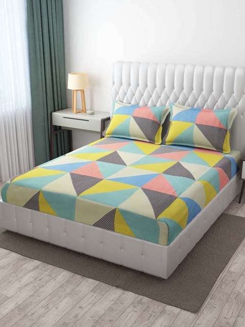 

Slushy Mushy Yellow & Blue Geometric 300 TC King Bedsheet with 2 Pillow Covers