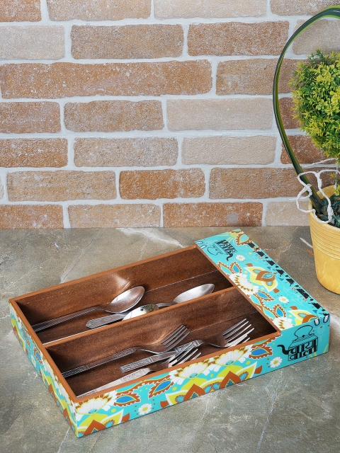 

RANGRAGE Turquoise Blue & Mustard Brown Printed MDF Handcrafted Cutlery Holder
