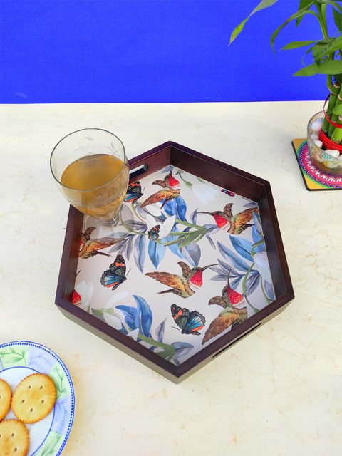 

CRAYTON White Printed Hexagon Wooden Tray, Multi