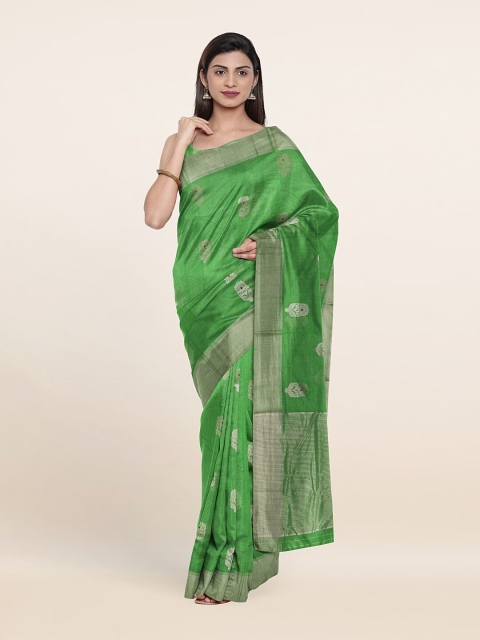 

Pothys Green & Silver-Toned Floral Zari Silk Cotton Saree