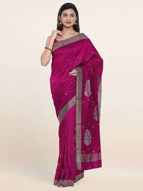 

Pothys Purple & Silver-Toned Floral Zari Silk Cotton Saree