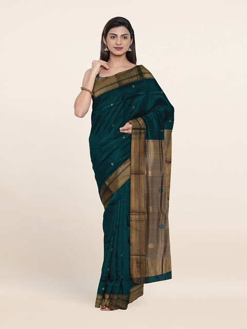 

Pothys Green & Gold-Toned Floral Zari Silk Cotton Saree