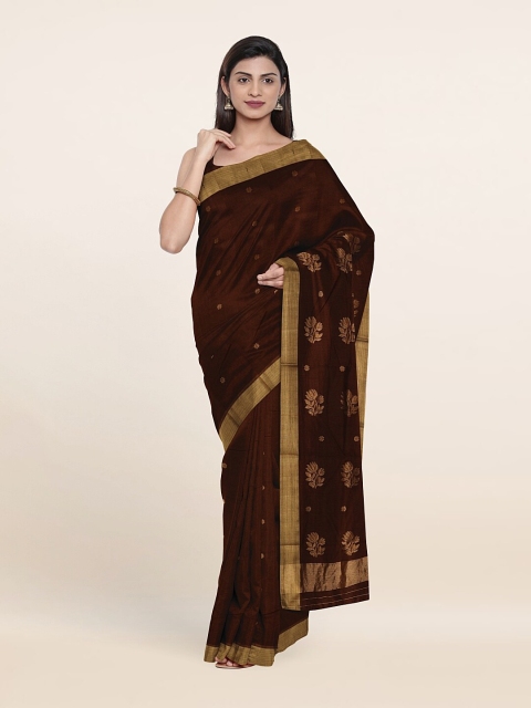 

Pothys Brown & Gold-Toned Floral Zari Silk Cotton Saree