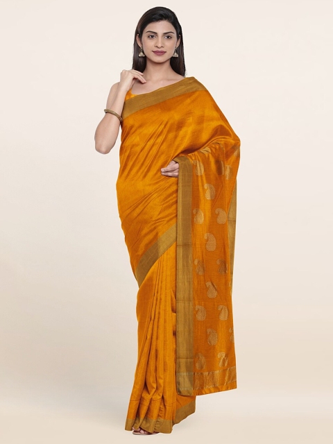 

Pothys Yellow & Gold-Toned Paisley Zari Silk Cotton Saree
