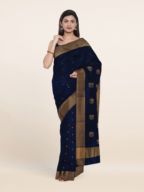 

Pothys Navy Blue & Gold-Toned Floral Zari Silk Cotton Saree