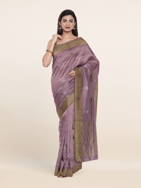 

Pothys Mauve & Silver-Toned Floral Zari Silk Cotton Saree