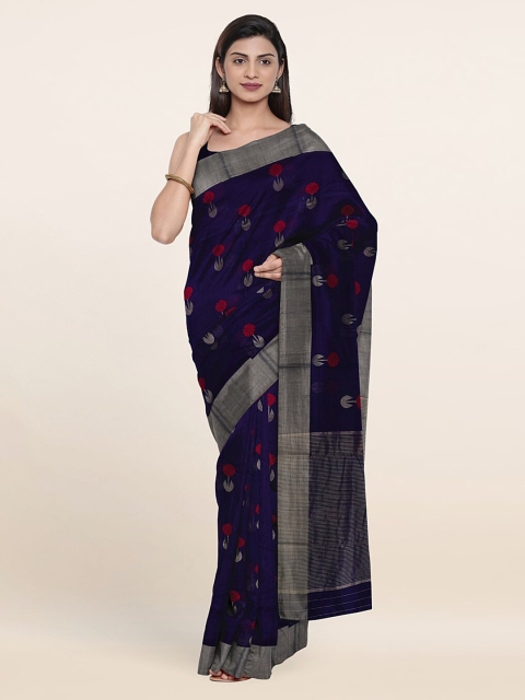 

Pothys Blue & Silver-Toned Floral Zari Silk Cotton Saree