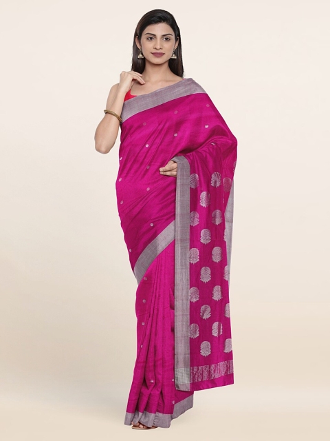 

Pothys Pink & Silver-Toned Floral Zari Silk Cotton Saree