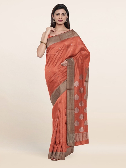 

Pothys Peach-Coloured & Gold-Toned Woven Design Zari Silk Cotton Saree