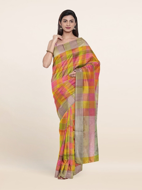 

Pothys Orange & Pink Checked Zari Silk Cotton Saree