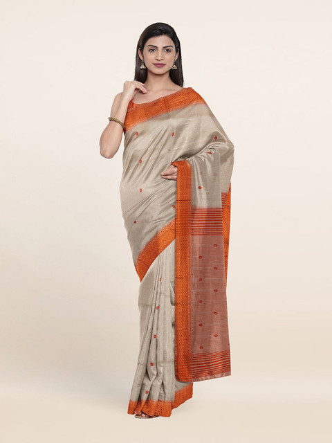 

Pothys Grey & Orange Woven Design Zari Silk Cotton Saree