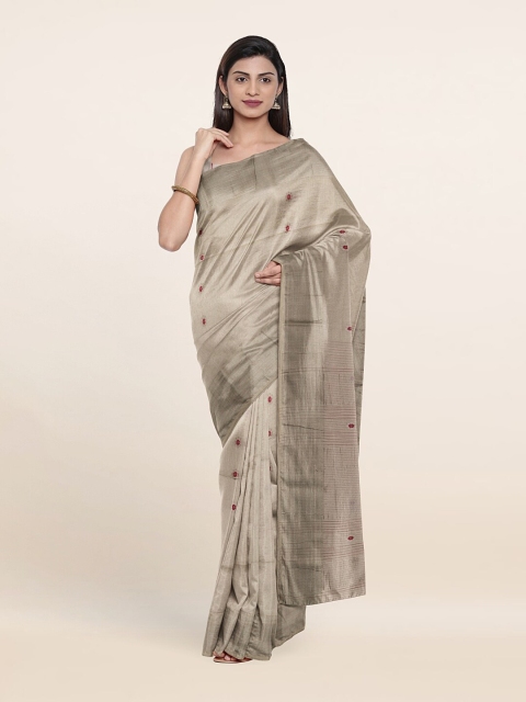 

Pothys Cream-Coloured & Silver-Toned Woven Design Zari Silk Cotton Saree