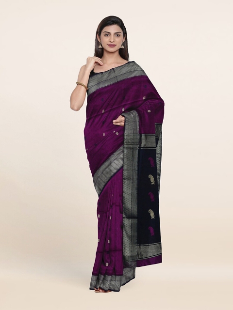 

Pothys Purple & Silver-Toned Woven Design Zari Silk Cotton Saree