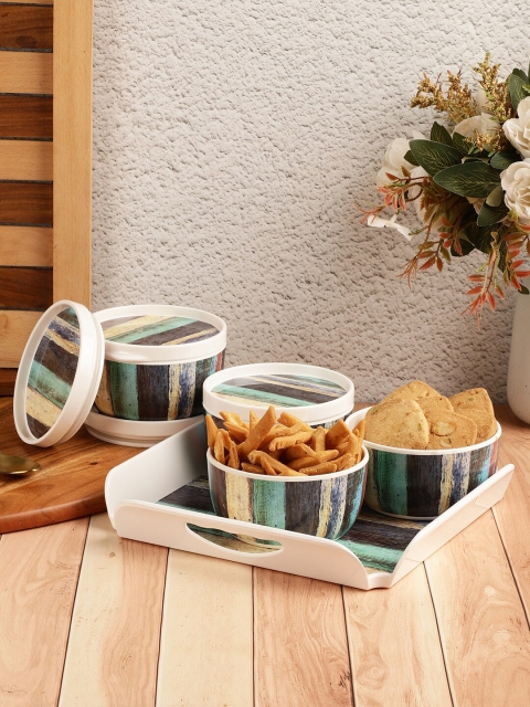 

Servewell Set of 5 Blue & White Printed Melamine Airtight Serving Set - 420 ml