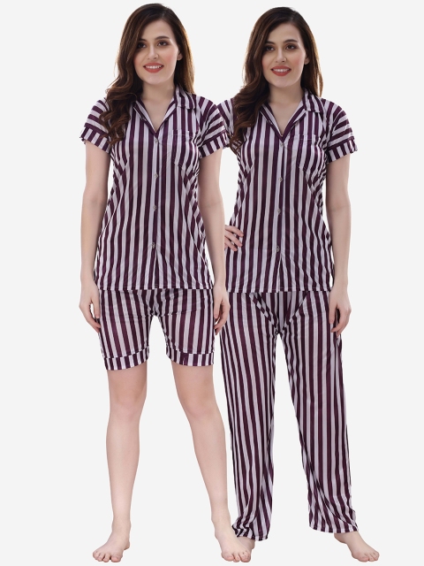 

Romaisa Women Purple & Off White Striped Night suit With Shorts Set