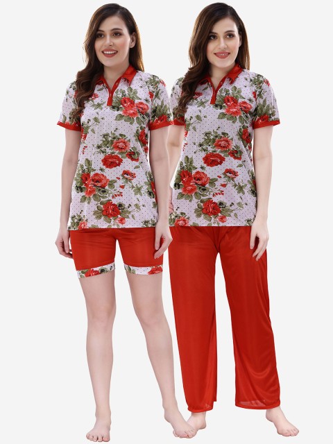 

Romaisa Women Red & White Printed Night suit With Shorts Set