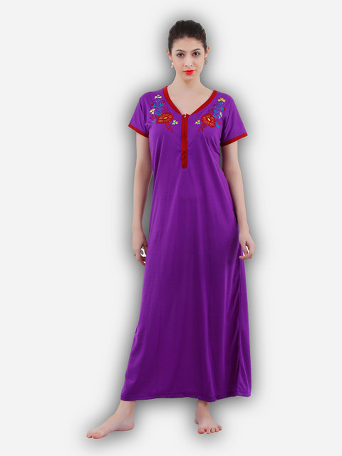 

Romaisa Women Purple Embroidered Maxi Nightdress