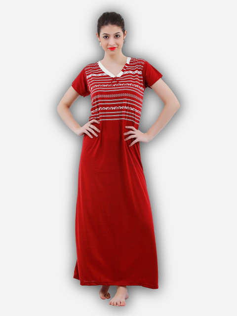 

Romaisa Maroon Striped Maxi length Nightdress