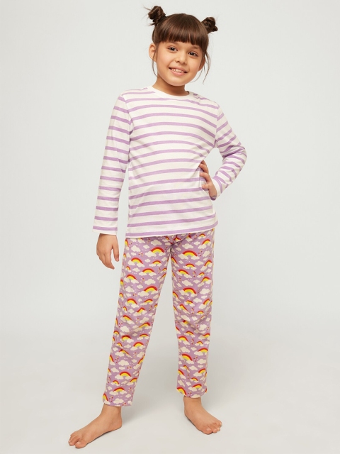 

frangipani Girls White & Purple Striped T-shirt with Trousers