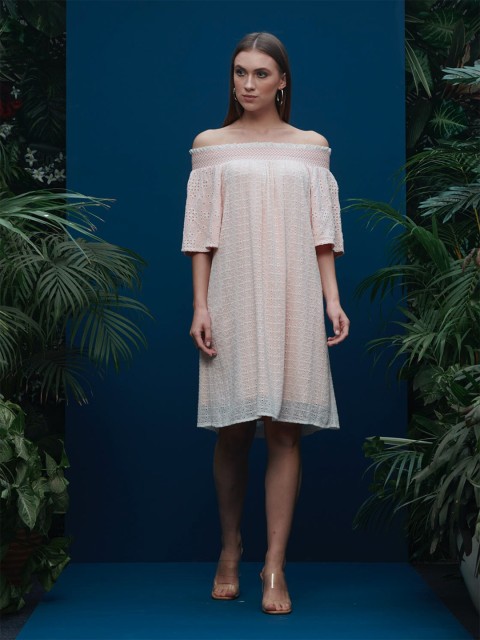 

Style Island Women's Peach-Coloured Off-Shoulder A-Line Dress