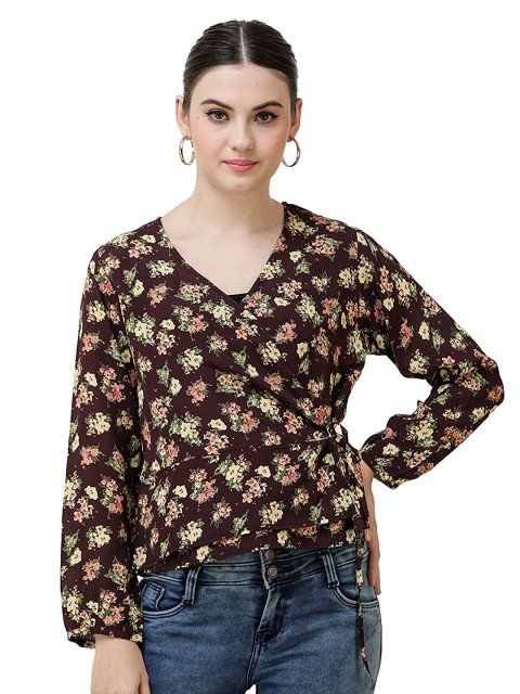 

DECHEN Women Brown & Cream-Colored Floral Printed Top