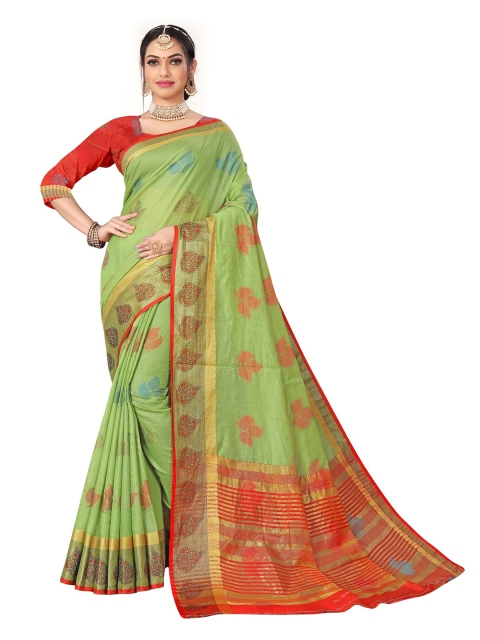 

Rivana Green & Red Woven Design Zari Pure Cotton Banarasi Saree