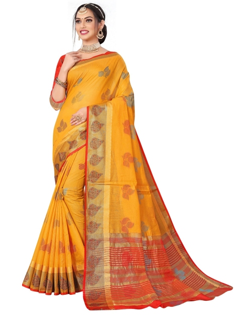 

Rivana Yellow & Red Woven Design Zari Pure Cotton Banarasi Saree