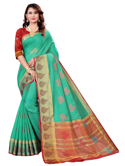 

Rivana Sea Green & Red Woven Design Zari Pure Cotton Banarasi Saree