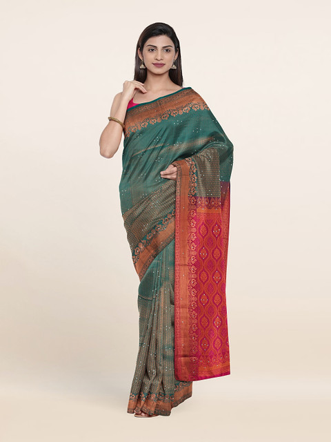 

Pothys Green & Pink Woven Design Beads And Stones Pure Silk Saree