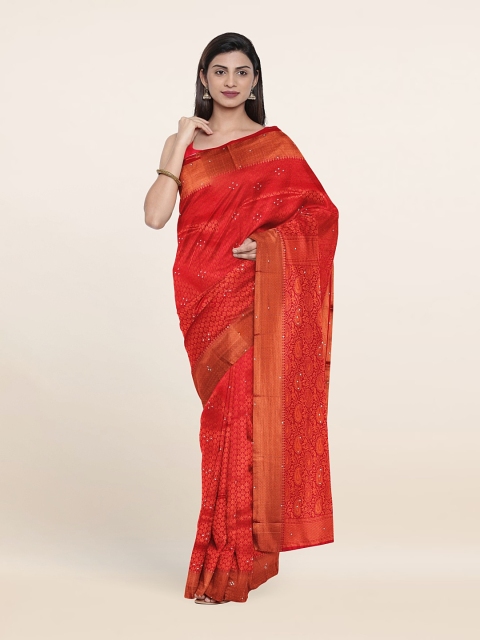 

Pothys Red & Copper-Toned Woven Design Beads And Stones Pure Silk Saree