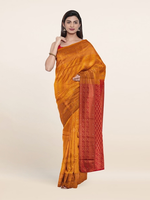 

Pothys Yellow & Copper-Toned Ethnic Motifs Beads and Stones Pure Silk Saree