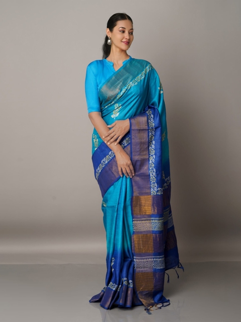 

Unnati Silks Blue Pure Handloom Bengal Tussar Silk Saree
