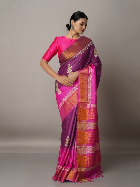 

Unnati Silks Purple Pure Handloom Bengal Tussar Silk Saree